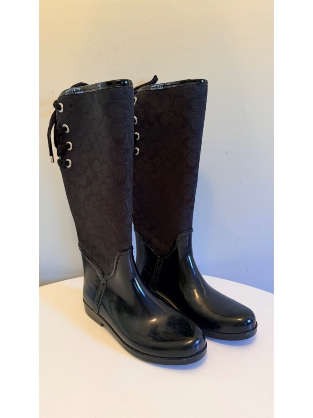 Coach Tristee Black Lace-Up Corset Signature Logo Rain Boots Black Size 9 B READ